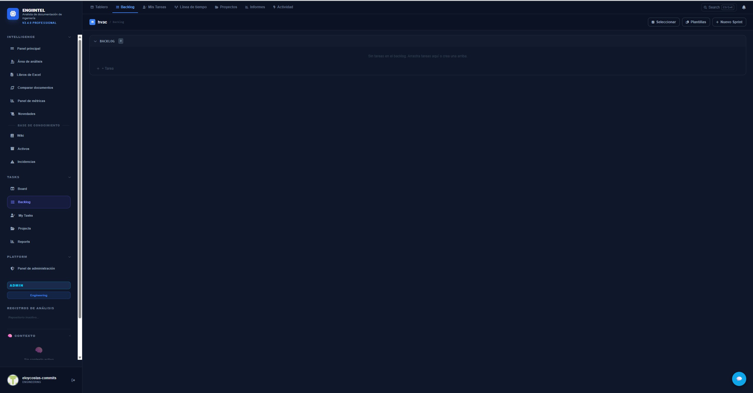 EngiIntel Backlog view showing prioritized task list with sprint assignments