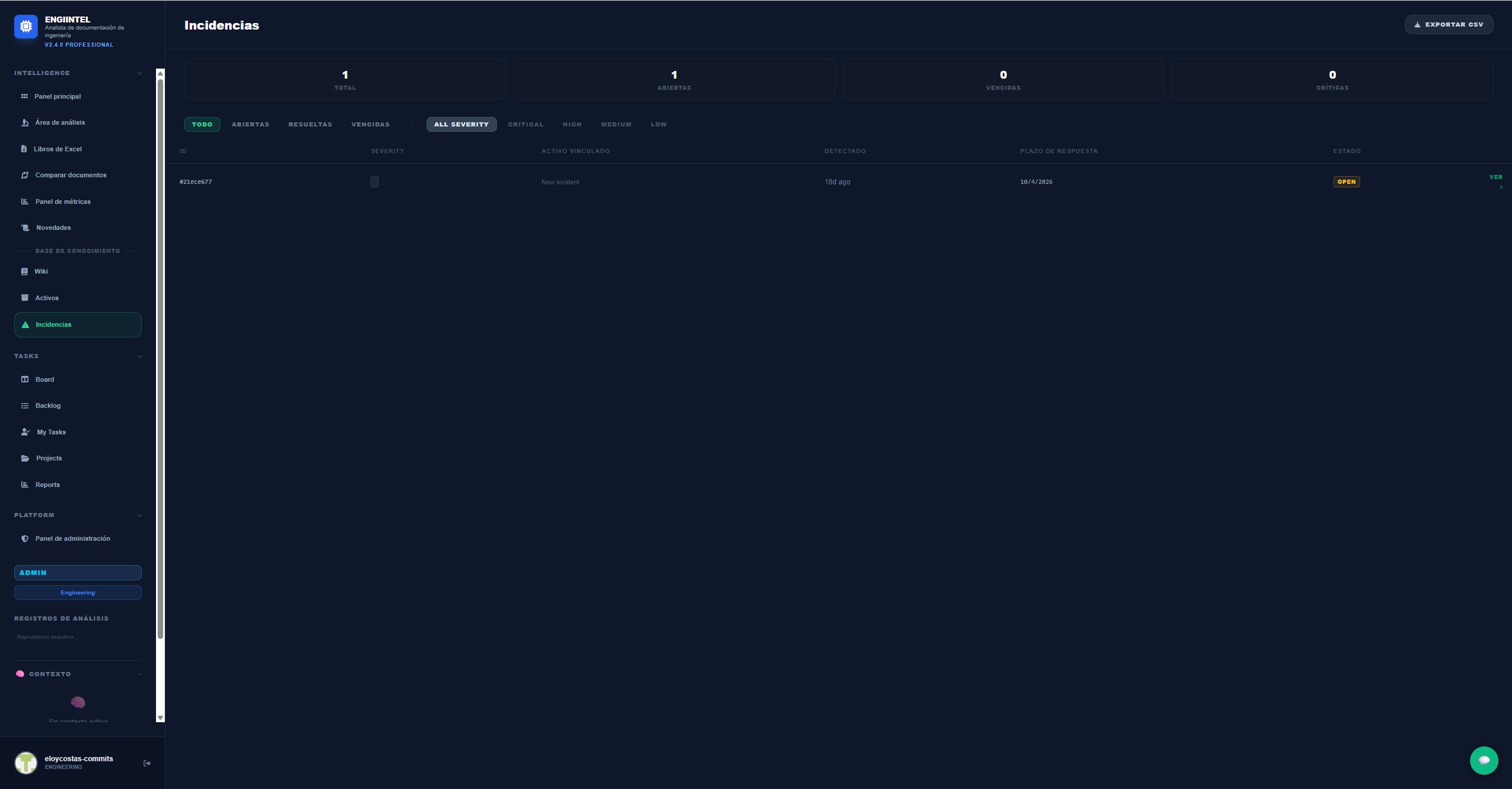 EngiIntel Incident Reports showing incident list with severity filters, status badges, and CSV export