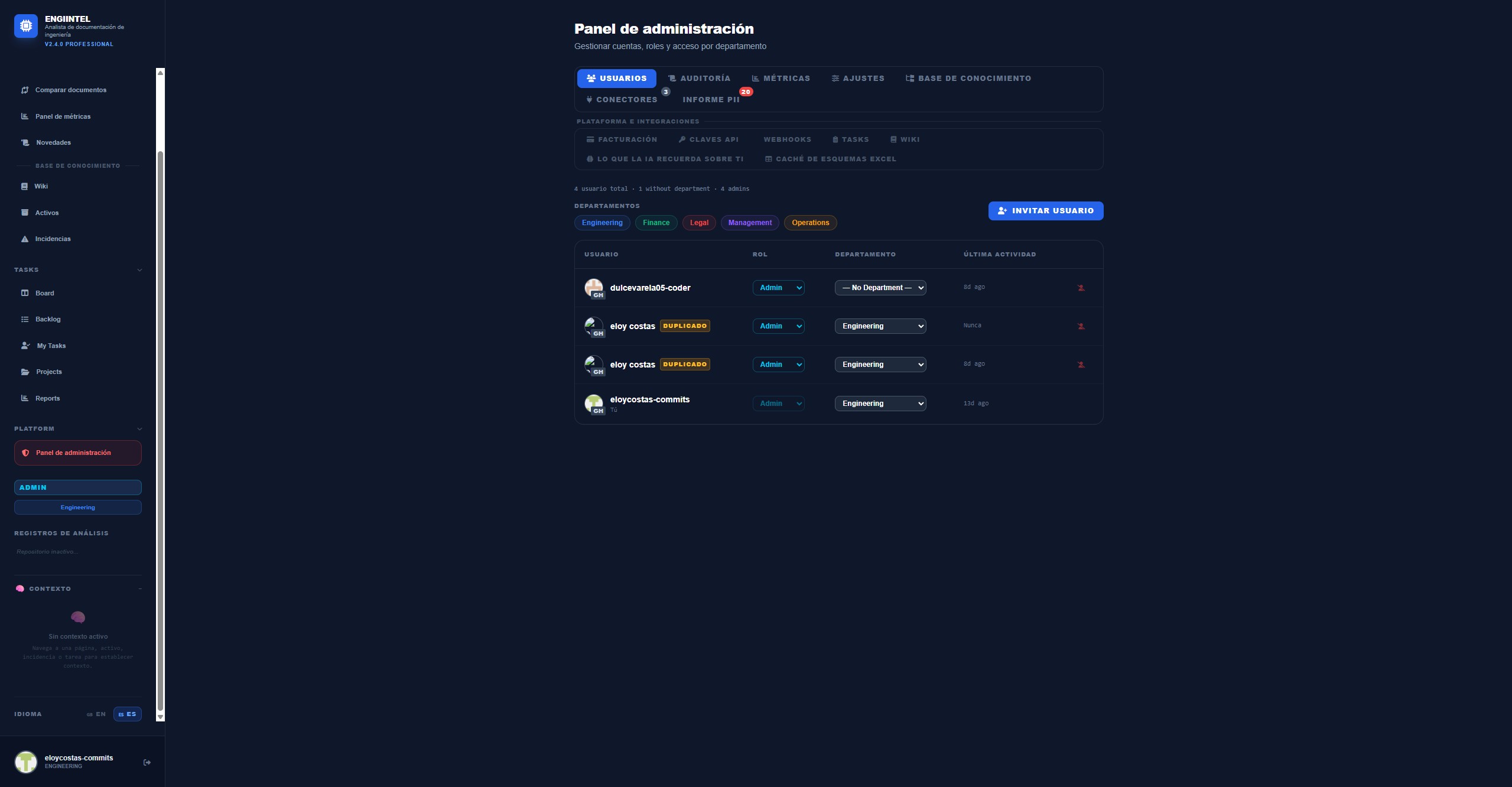 EngiIntel Administration Panel showing user management, audit logs, and system configuration