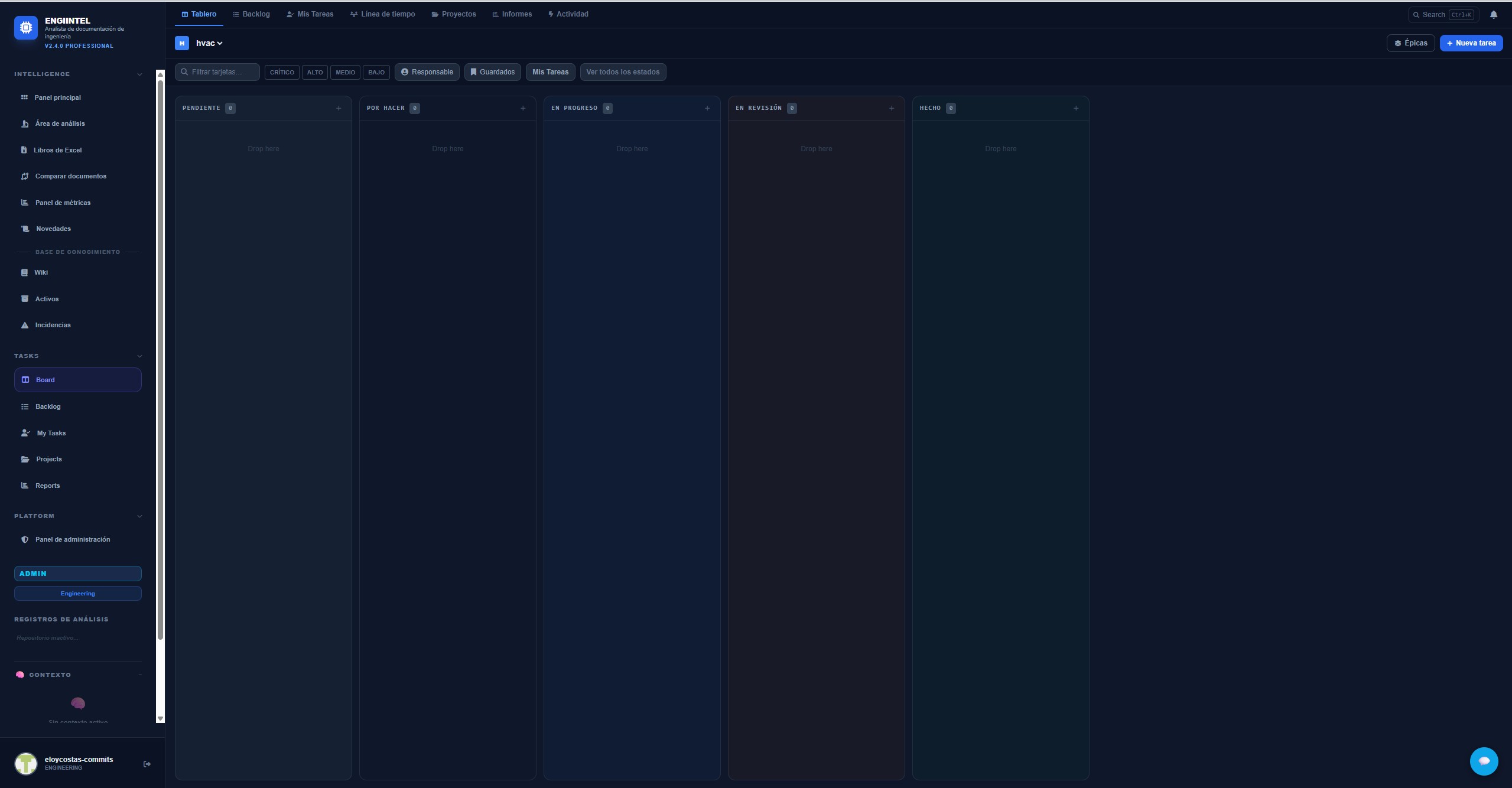 EngiIntel Kanban board view with task cards organized by status columns