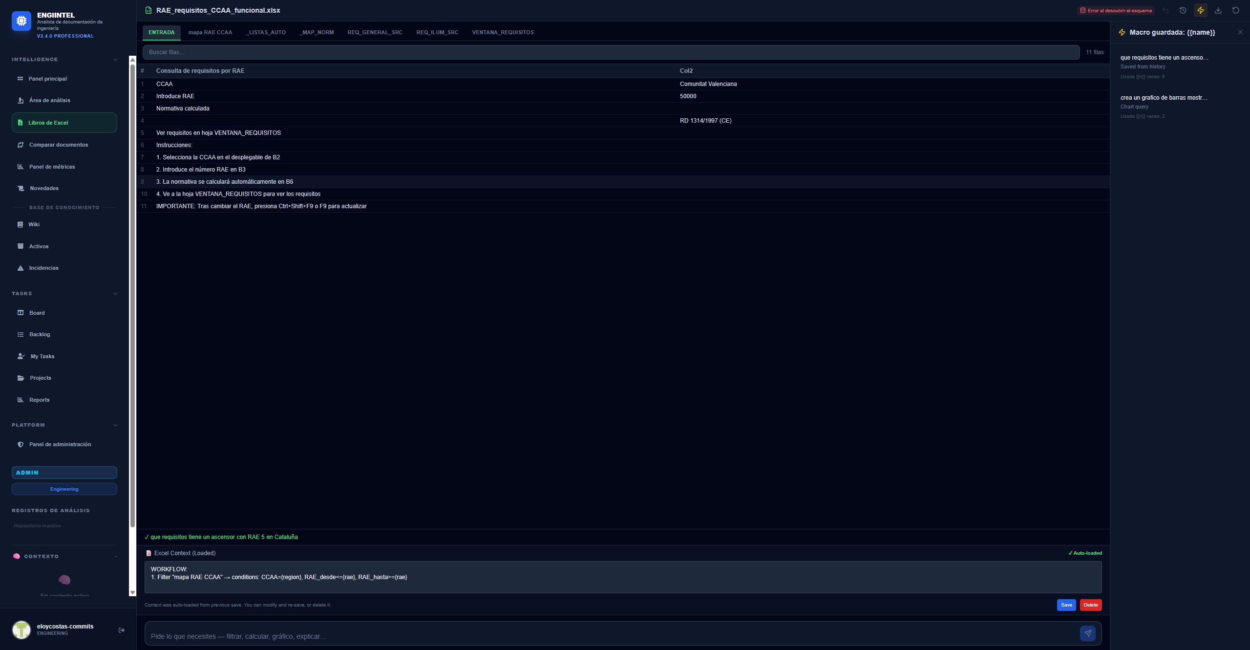 EngiIntel Excel Copilot showing spreadsheet analysis with AI-generated charts and natural language queries