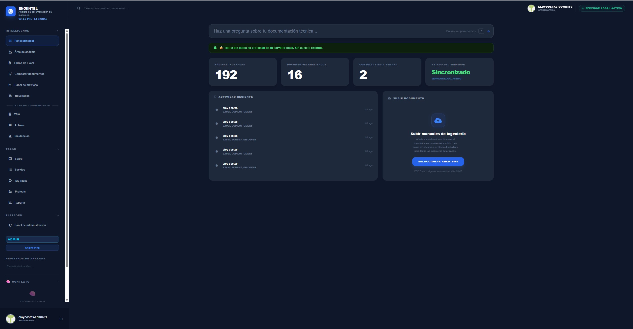 EngiIntel main dashboard — AI query interface, document library, and live metrics